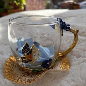 Tea Cup with Royal Blue Enamel Flowers (Roses) and Butterflies